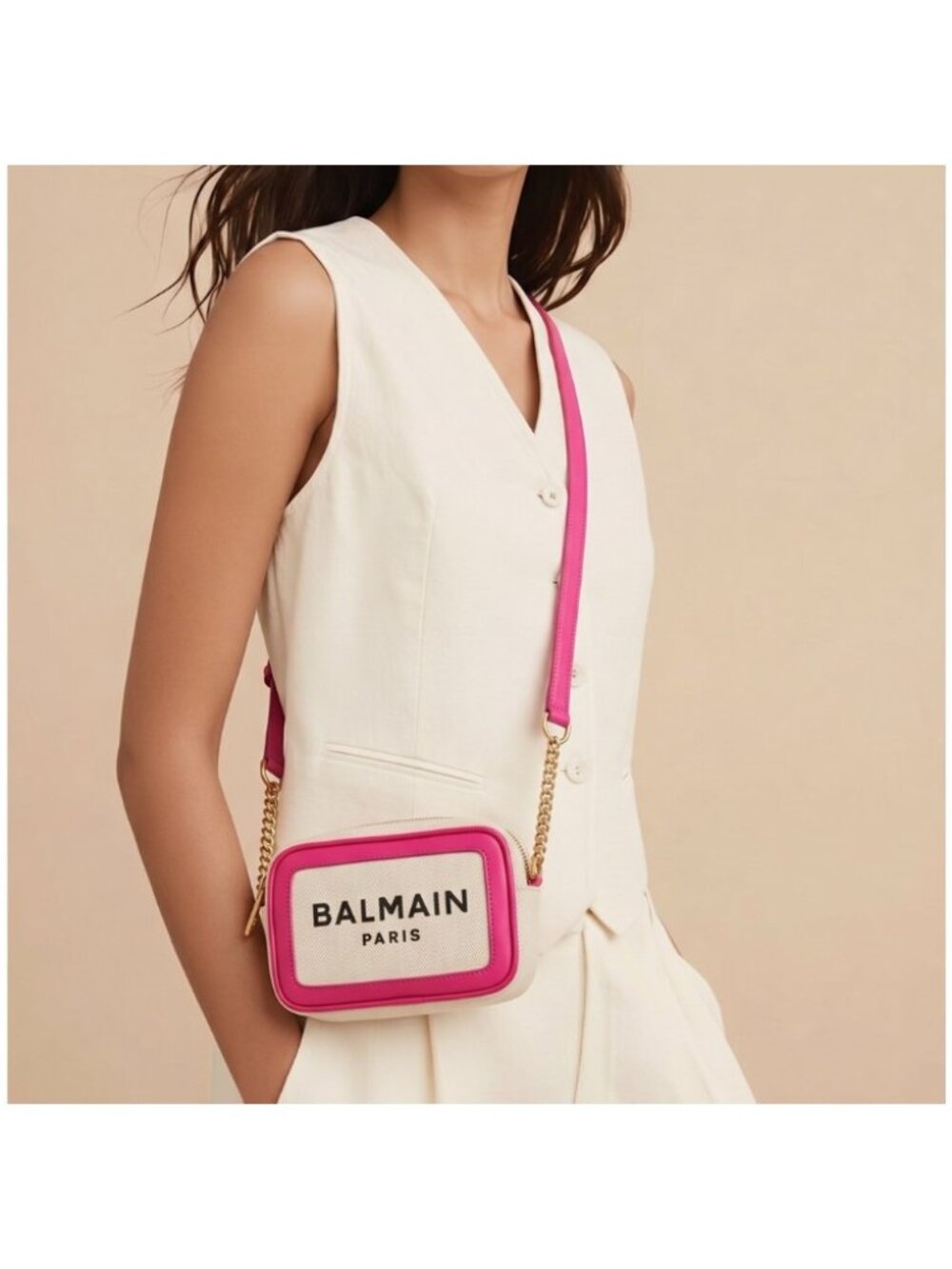 Balmain Pink Leather-Trim Canvas Crossbody Bag New